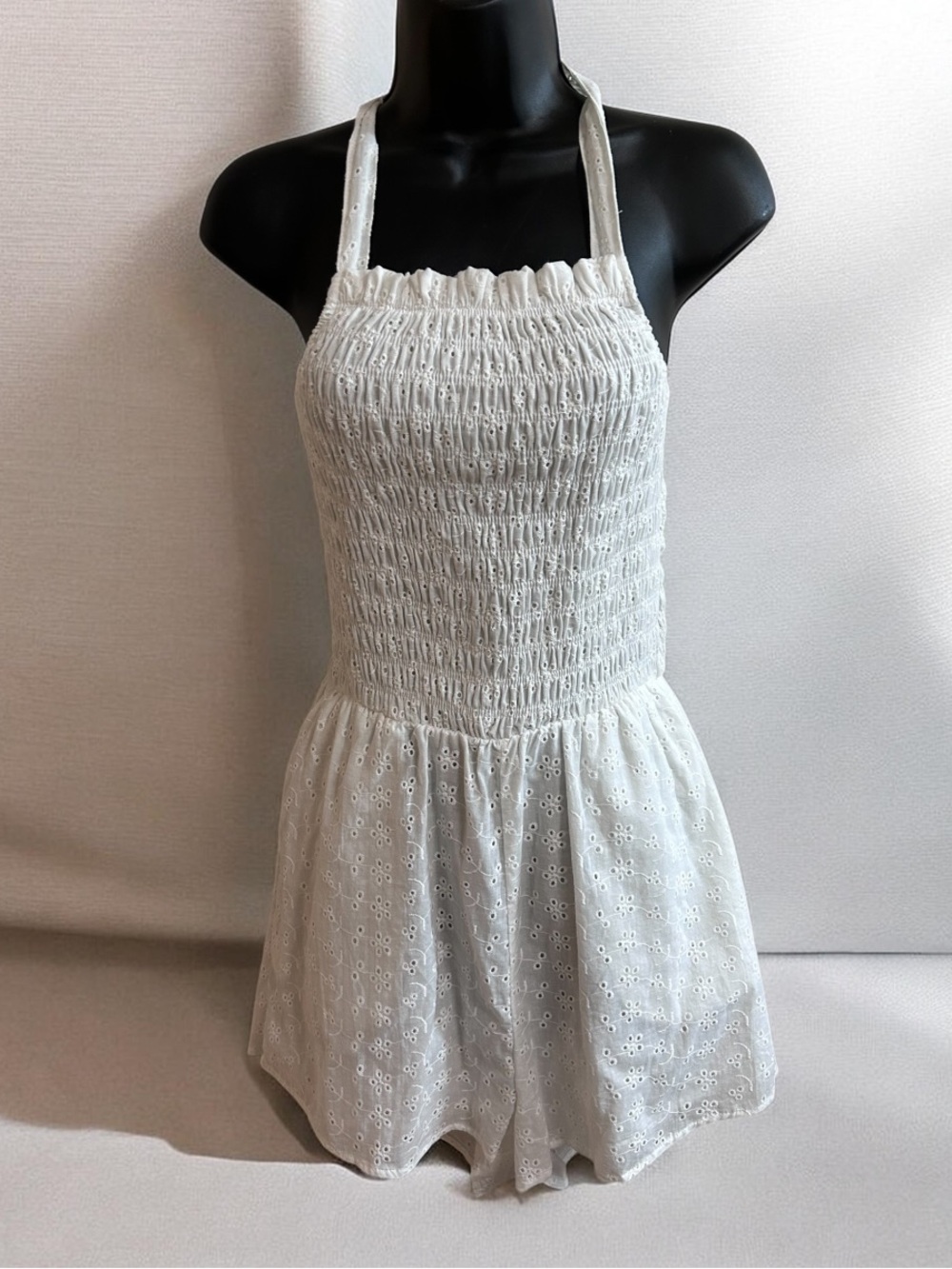 NWOT HYFVE White Eyelet Smocked Halter Shorts Romper Coquette Size Large